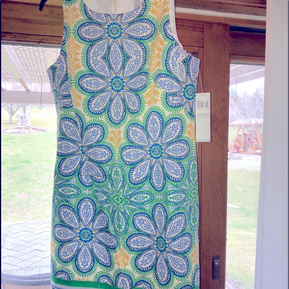 Beautiful blue, green & yellow sleeveless dress perfect for spring & summer.